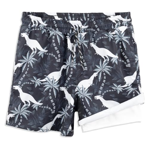 Boys Swim Trunks with Liner - Quick Dry Two Layer Swimsuit, 11-12 Years / Black Dinosaur
