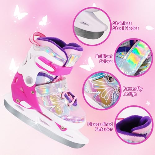 Kids Adjustable Butterfly Ice Skates for Girls - Size 4, Fleece Lining, Outdoor & Rink