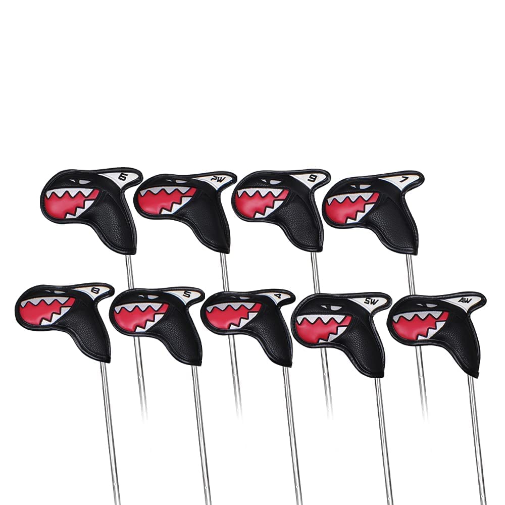 Scott Edward 9Pcs Golf Club Iron Head Covers Protector PU Leather Embroidery Number Fit Well Club 4-9/A/P/S (Black Shark)