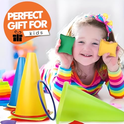 3-in-1 Ring Toss Game Set with 12 Rings, 12 Bean Bags & 6 Cones | Outdoor Carnival Yard Family Fun