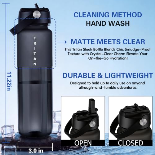 OLDLEY 32oz Frosted Clear Water Bottle with Straw & Black Cap - BPA Free, Wide Mouth Leakproof, Gift for Him & Her