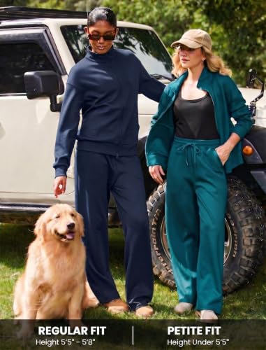 PINSPARK Women's 2-Piece Wide Leg Pants & Two-Way Zip Tracksuit Set - Dusk Navy Petite/Medium