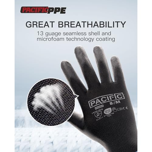 PACIFIC PPE 18 Pairs Work Gloves, PU Coated Seamless Knit Gloves, Touchscreen Safety Gloves with Grip, Ideal for General Duty Work, Men and Women, Black, Large