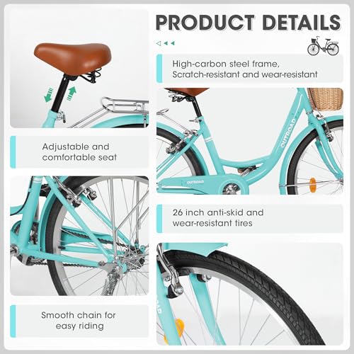 24 Inch Green Beach Cruiser Bike - High Carbon Steel Frame
