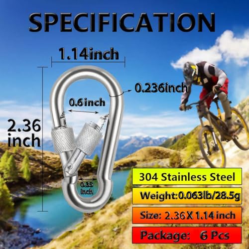 Stainless Steel Locking Carabiner Clips - 2.36 Inch 6PC Set