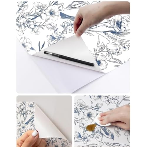 Navy Blue Floral Birds Peel and Stick Wallpaper Rustic Country Birds Floral Shelf Liner Contact Paper for Walls Bedroom Kitchen Bathroom Cabinets Dresser Drawer Furniture Decal 17.7X117 Inches
