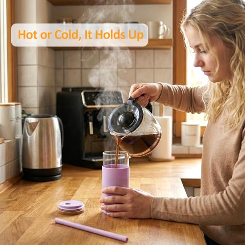 Light Purple 24 oz Glass Tumbler with Lids & Straws - Reusable Iced Coffee Cup