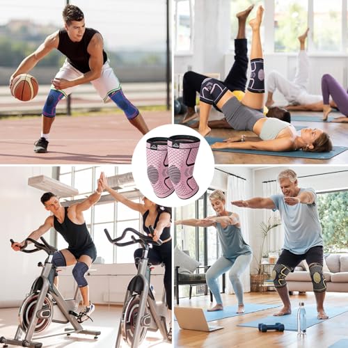 Compression Knee Brace for Women - Copper Support Sleeve - Pink+Black, Large