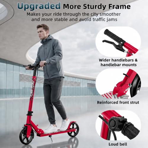 Red Kid's 8-12 & Adult Foldable Kick Scooter with Adjustable Height & Safety Bell