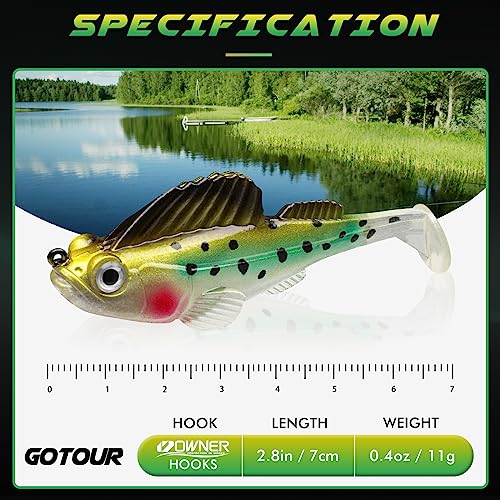 GOTOUR A1-2.8'' 0.4oz Pre-Rigged Soft Fishing Lures with Weedless Hooks for Bass & Trout