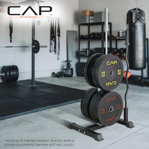 Heavy-Duty Olympic Bumper Plate Storage Rack with Barbell Holders - 4-Plate Posts / 2 Bar Holders / Gray