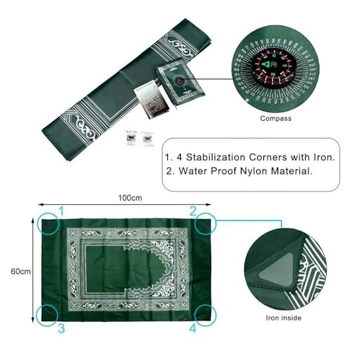 Portable Travel Prayer Mat with Compass & Weights - Green