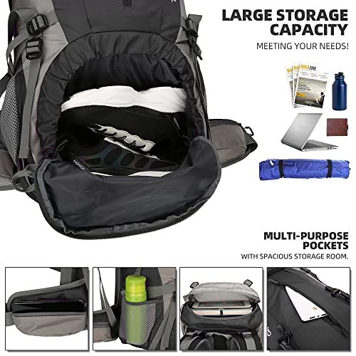 King'sGuard 70L Hiking Backpack with Rain Cover - Black, Lightweight Waterproof Large Capacity