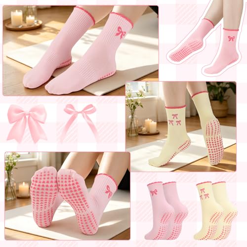 Cute Pilates Socks with Grips for Women - 4 Pairs Pink Yellow Bow