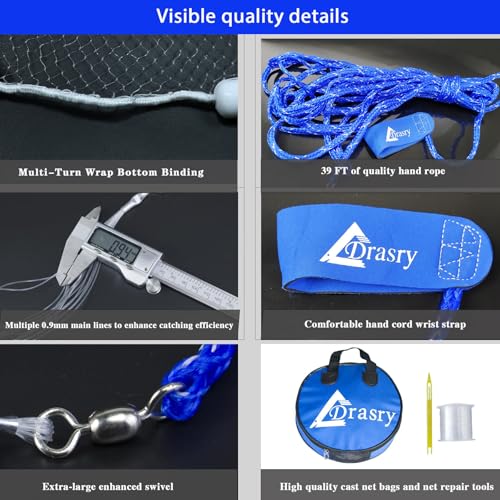 Drasry 5 ft Cast Net with Aluminum Ring, 1/4 Mesh, Heavy-Duty Sinker • Bait Shrimp Catch Net