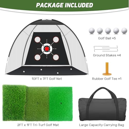 10x7FT Golf Practice Net with Hitting Mat and 5 Balls