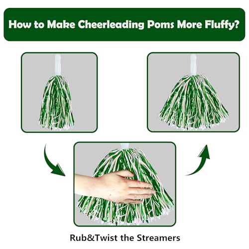 KDPATFAV 18Pcs Green White Metallic Foil Pom Poms with Baton Handle - Cheerleading Sports Party