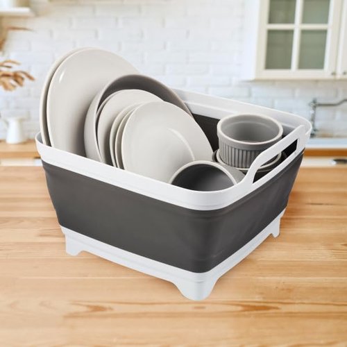Collapsible Wash Basin - 9L Portable Sink with Drain - Plastic Tub Dish Pan for Camping, Handwashing Laundry, or Dishes by Wakeman Outdoors (Gray)