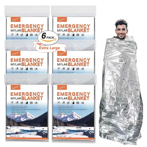 6-Pack Emergency Mylar Thermal Blankets - 82x64 Inch Survival Gear