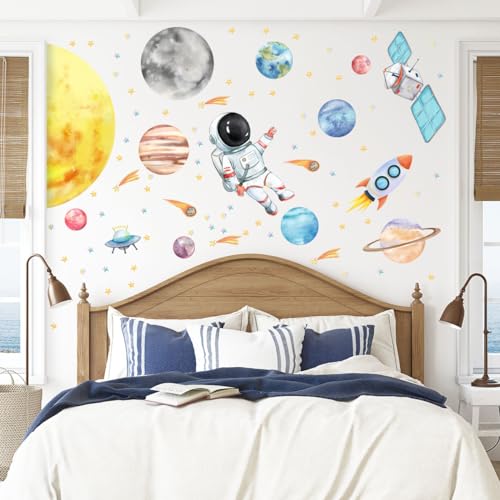 Space Astronaut Spacecraft Wall Decals - Watercolor Solar System Wall Stickers for Baby Boys or Girls Room Decor£¬Planet£¬Astronaut, Rocket Ship Wall Stickers Removable£¬Nursery Playroom Decor