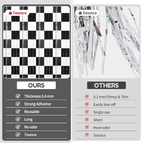 Black and White Checkered Tinsel Backdrop Curtains - 3 Pack
