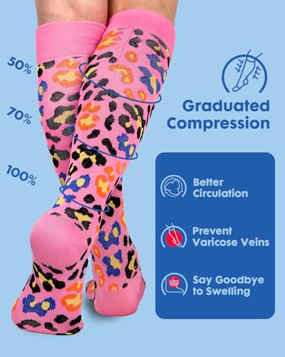 Compression Socks for Women 15-20 mmHg - Pink Leopard Print, Large-X-Large