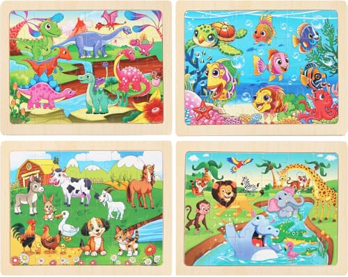 Animal World Wooden Jigsaw Puzzle Set for Kids Ages 4-6 – 4 Pack Educational Toddler Puzzles