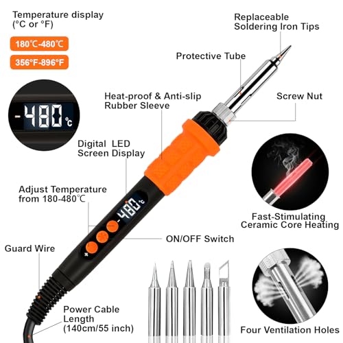 Soldering Iron Kit,90W LED Digital Solder Iron Soldering Gun kit,Adjustable Temperature(180¡ÆC-480¡ÆC),19-in-1 Welding Tool Including Desoldering Pump, Multimeter, 5 Solder Tips,Helping Hands