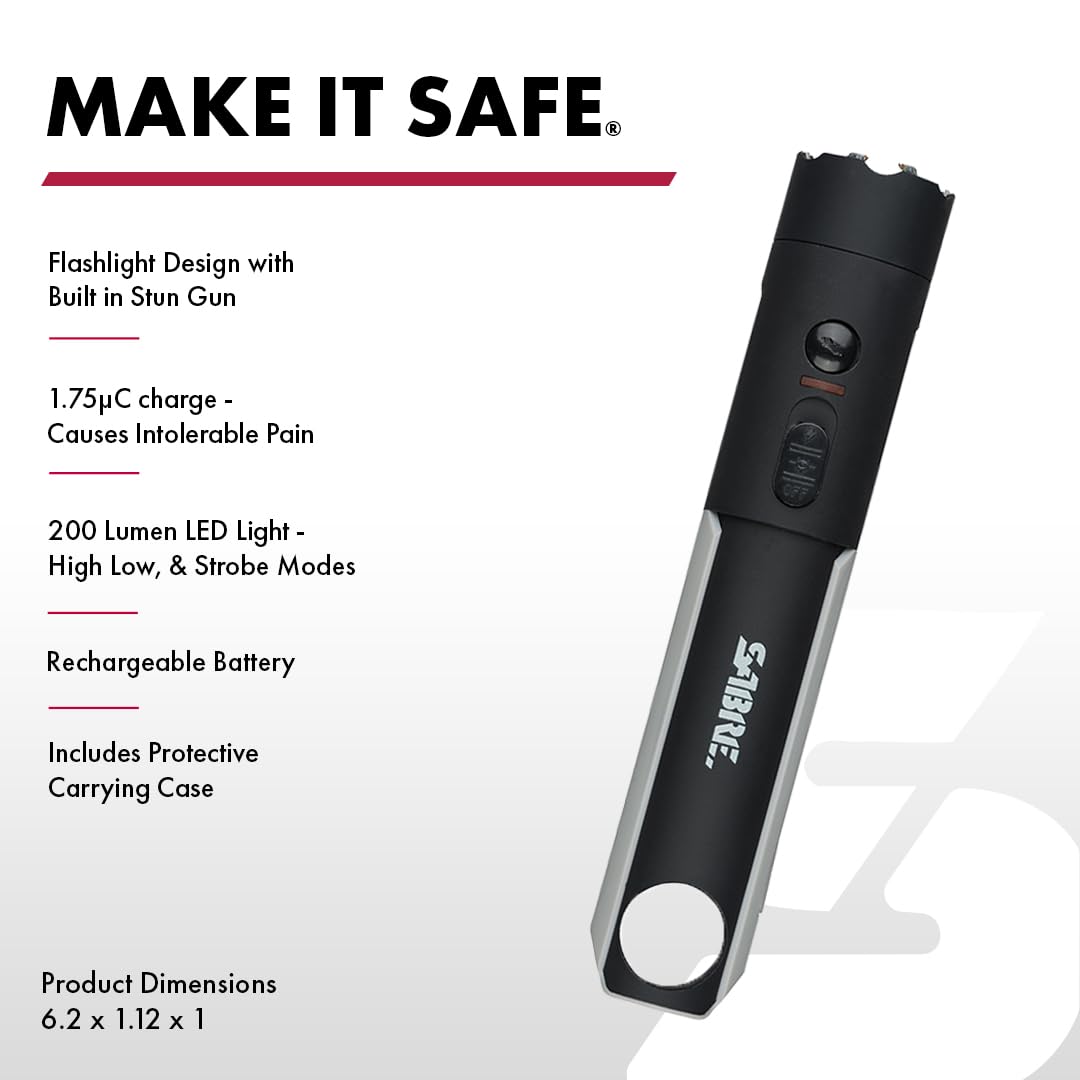 Sabre 2-in-1 Flashlight Design with Built-in Stun Gun, Powerful 1.76 µC Charge, 200 Lumen LED with 3 Modes; High, Low and Strobe, Rechargeable Battery, Hard Case and USB-C Charging Cord Included