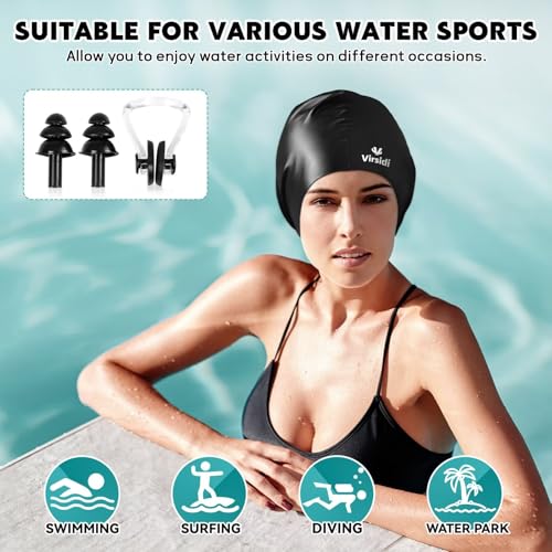 Silicone Swim Cap for Women Men Adults Black & Rose - Waterproof Hair Protection with Earplugs & Nose Clip