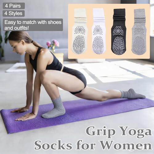 Slouchy Pilates Socks with Grips - 4 Pairs - White, Black, Gray, Off White