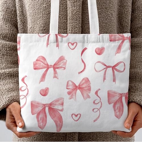 Canvas Tote Bag with Heart Bowknot Design - Reusable Shopping & Party Bag