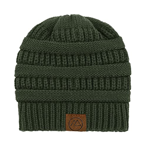 Satin Lined Beanie for Women - Warm Knit Cuffed Hat - Army Green