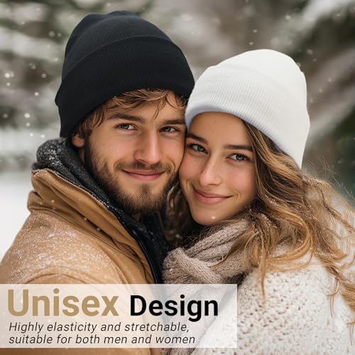 Cuffed Knit Beanie for Women & Men - One Size - White