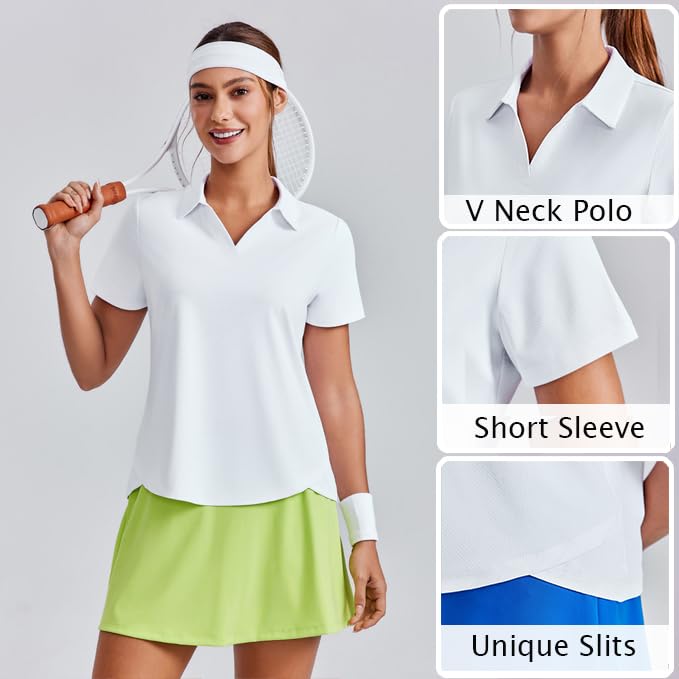 PINSPARK Women's Golf Shirt Short Sleeve Polos UPF 50+ Collared Tennis Top Medium White