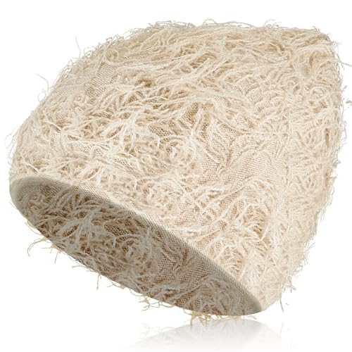 Distressed Knitted Beanie - Fuzzy Winter Hat for Men & Women - Assorted Apricot