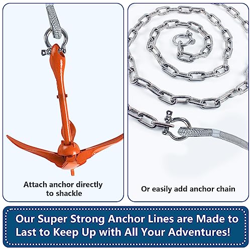 DEDU Gray 1/2 Inch x 150 FT Double Braided Marine Anchor Rope with Stainless Steel Thimble & Shackle - Ideal for Towing & Mooring, Boats Up to 35'