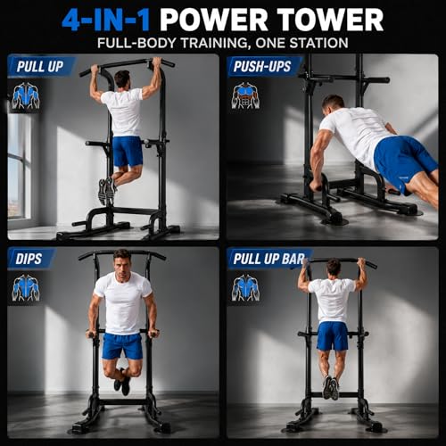Adjustable Power Tower Pull Up Bar Station - Black