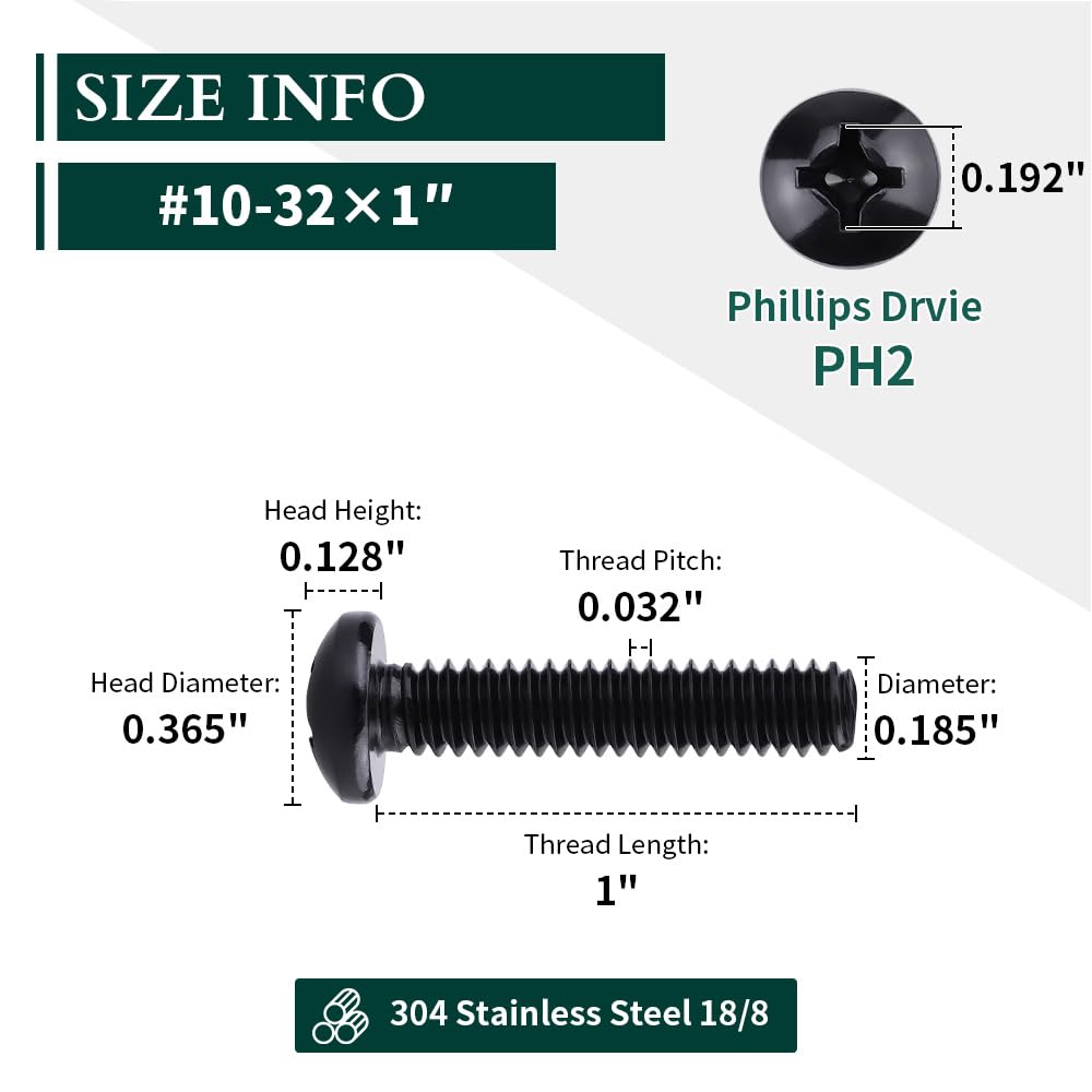 #10-32 x 1 Pan Head Machine Screws Black, Phillips Drive, 304 Stainless Steel 18-8, Black Oxide Coated Finish, Corrosion Resistant Round Head Machine Screws, Full Thread, Coarse Thread, 50 PCS
