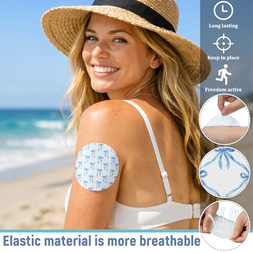 Geiserailie 30 Pcs Dexcom G7 Adhesive Patches, Blue Bow, Pre-Cut Waterproof Skin-Friendly