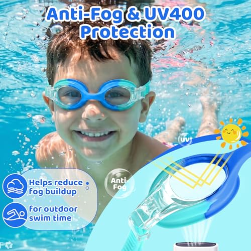 Vvinca Kids Swim Goggles Shark Blue / Adventure - Toddler Pool Goggles with Fabric Strap, No Tangle, 2-8 Years