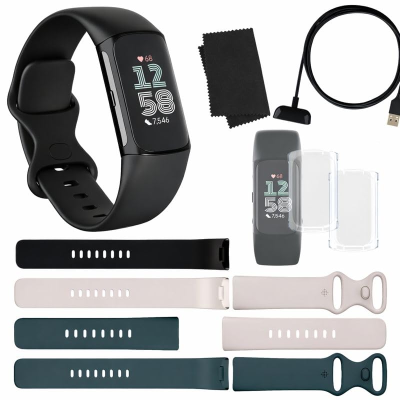 Fitbit Charge 6 Fitness Tracker Bundle - Black/Obsidian with Charger & Cloth