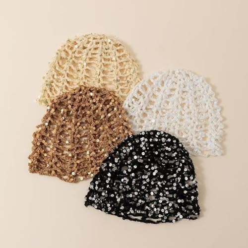 Women’s Sequin Crochet Beanie Hat - A-Khaki, Boho Style