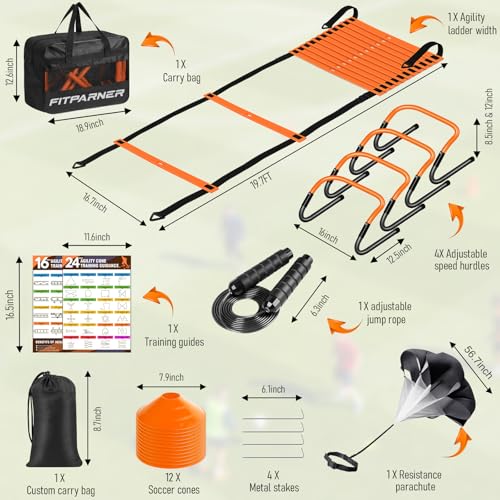 Agility Ladder Training Kit - 20ft Speed Ladder, Hurdles, Parachute & Cones