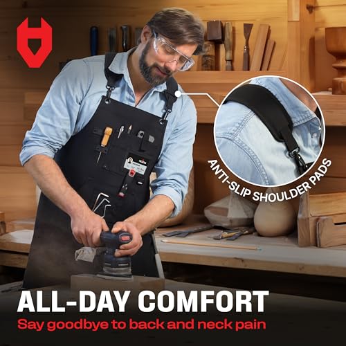 NoCry Woodworking Apron for Men ? Reinforced Pockets with Metal Rivets, Magnetic Holder & Leather Tool Loops ? Shop Aprons for Men with Cross-Back Straps, Non-Slip Shoulder Pads & Quick-Release Buckle