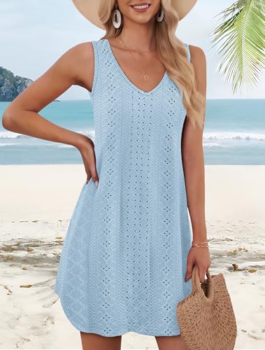 Women's Summer Dress - Eyelet Blue, XL, V-Neck Sleeveless Sundress Vacation Coverup