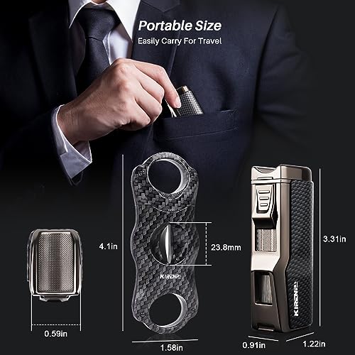 Kirenp Carbon Fiber All-in-One Cigar Lighter Set with V Cutter & Punch