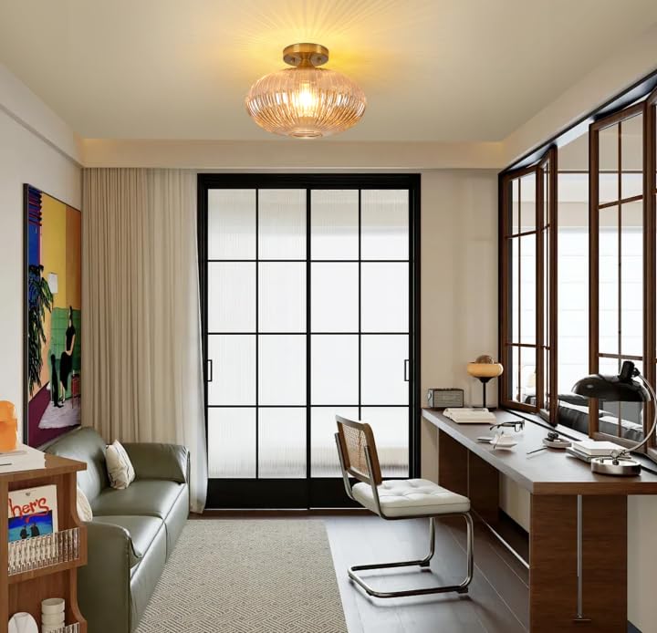 JERANDO Gold Semi Flush Mount Ceiling Lights, Vintage Globe Glass Hallway Light Fixtures, 11.8" Amber Glass Ceiling Lighting E26 Base Indoor Lamp for Closet, Hallway, Kitchen, Dining Room