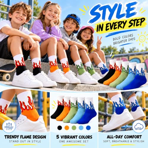 Kids Flame Socks 5 Pairs - Colorful Fire Pattern Crew Socks, 4-5 Years, Lirpazelyx