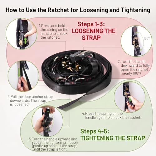 Slim Panda Door Anchor Strap for Resistance Bands - Includes Mesh Bag, No Drill, Multi-Point D-Rings, Variation: Strap Only Ratchet Mesh Bag